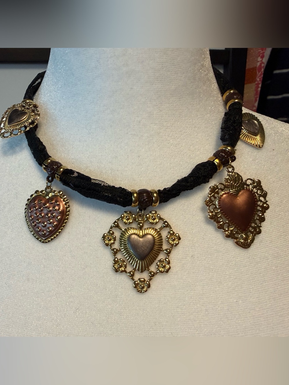 Black Cord Heart Charm Necklace with Gold-Tone Accents